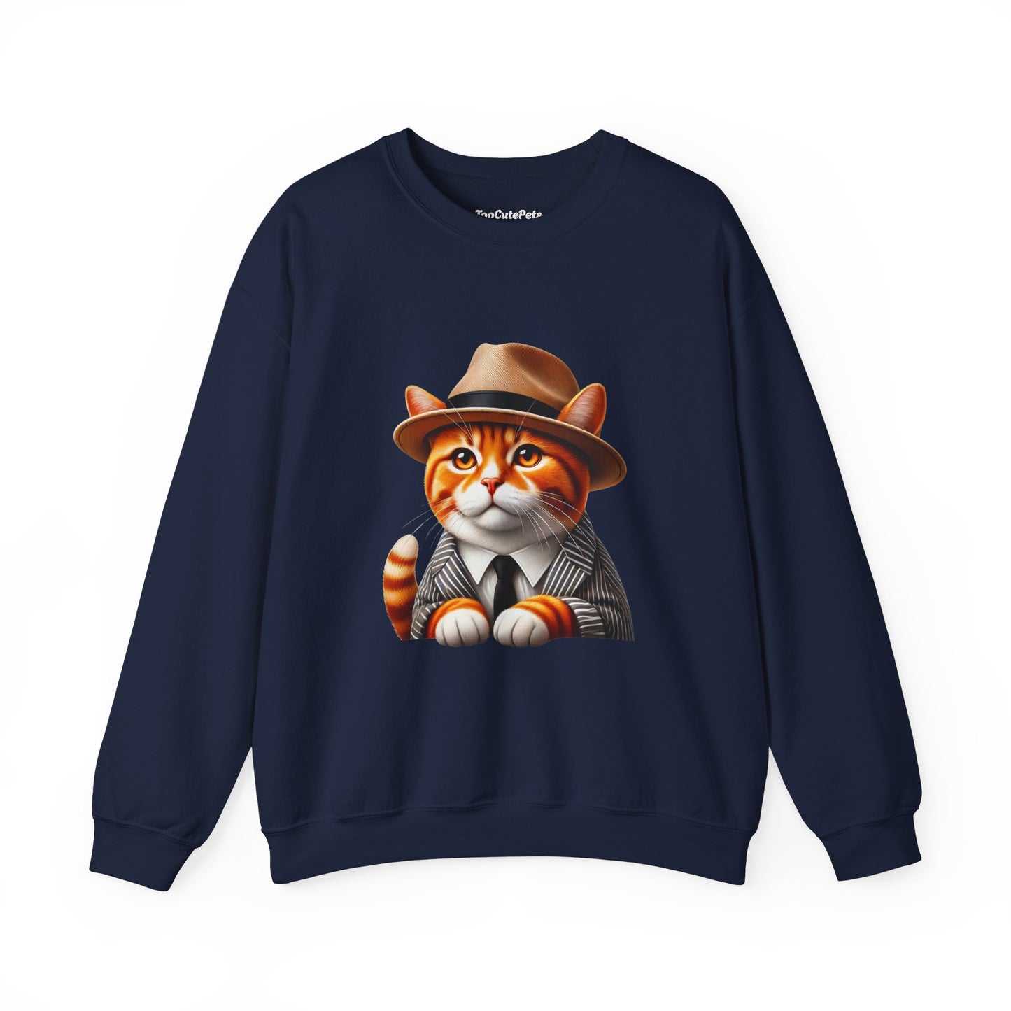 Tabby Cat Wearing A Fedora And Suit - Adult Crewneck Sweatshirt - Too Cute Pets