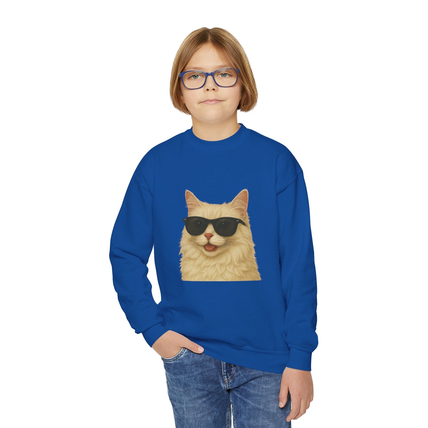 Cream Longhair Cat Wearing Sunglasses - Youth Crewneck Sweatshirt