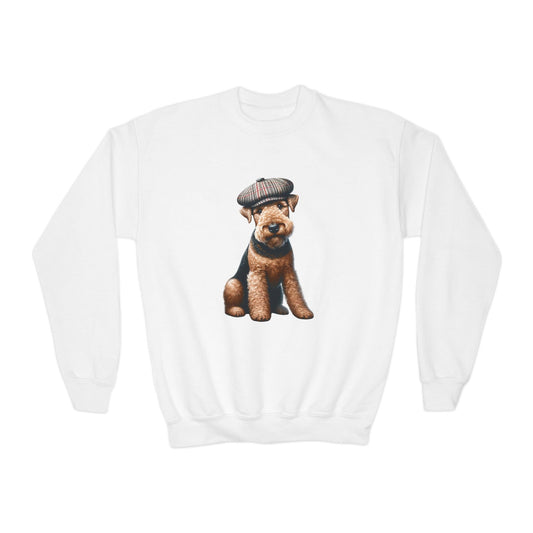 Aerdale Terrier Wearing Tweed Flat Cap #2-  Youth Crewneck Sweatshirt - Too Cute Pets