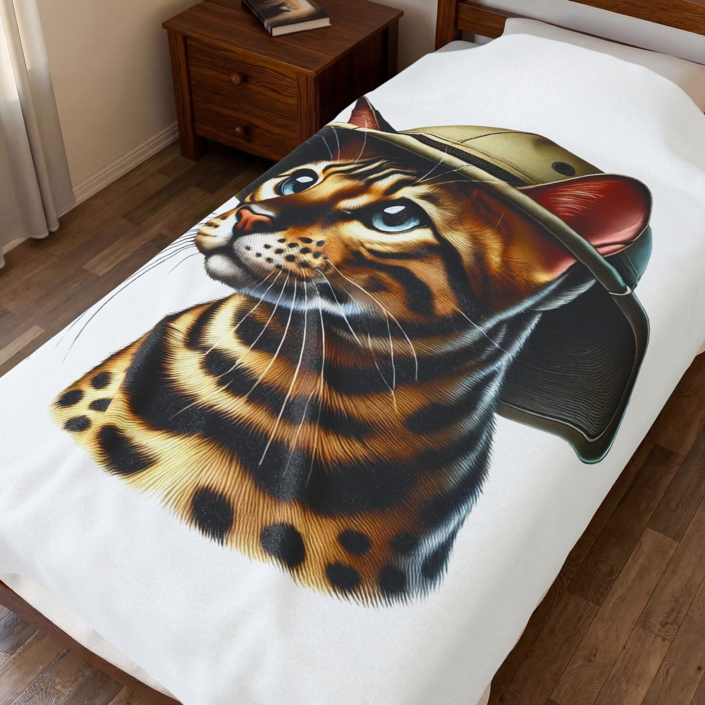 Bengal Cat Wearing a Safari Hat - Sherpa Blanket