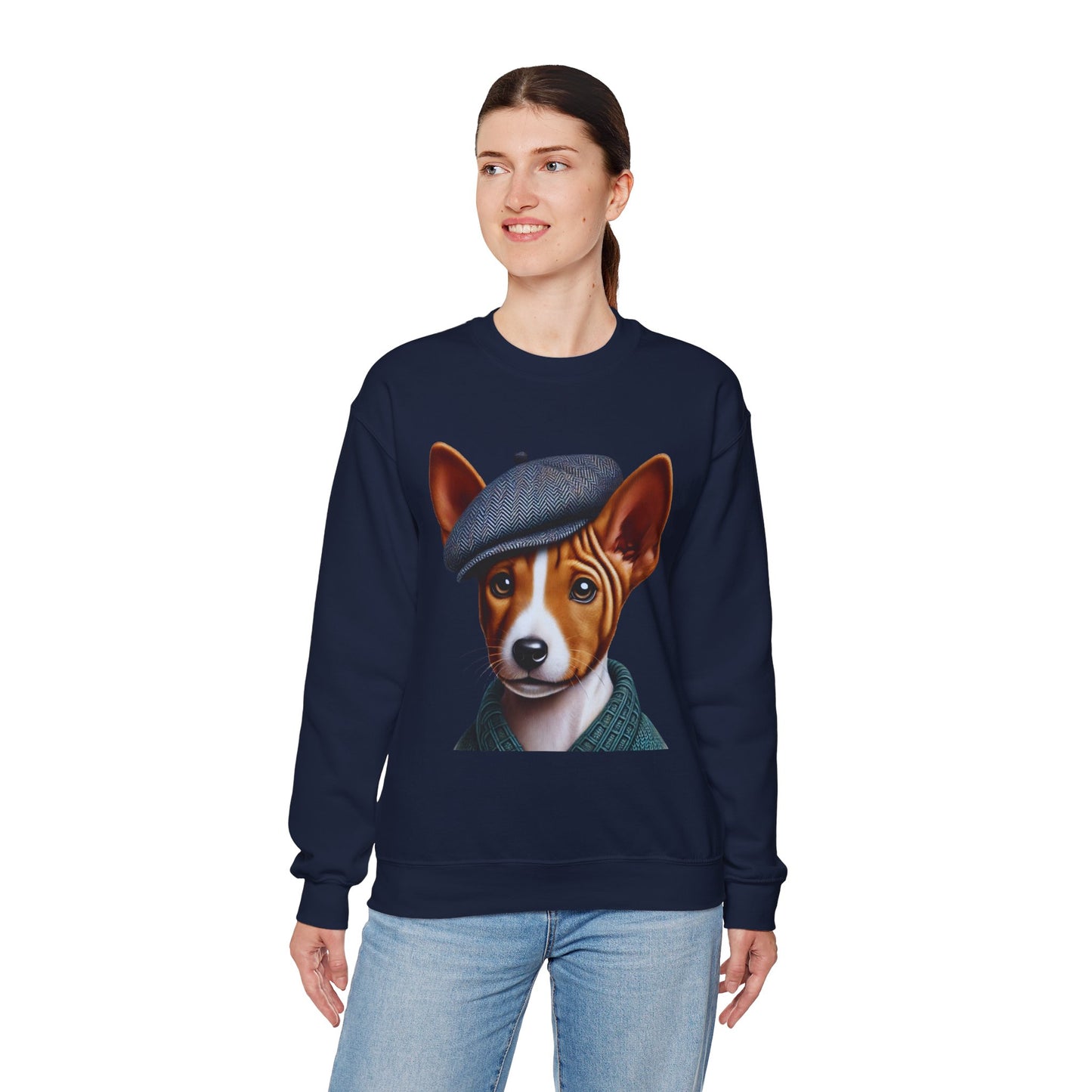 Cute Basenji Pup Wearing Tweed Flat Cap- Adult Crewneck Sweatshirt - Too Cute Pets