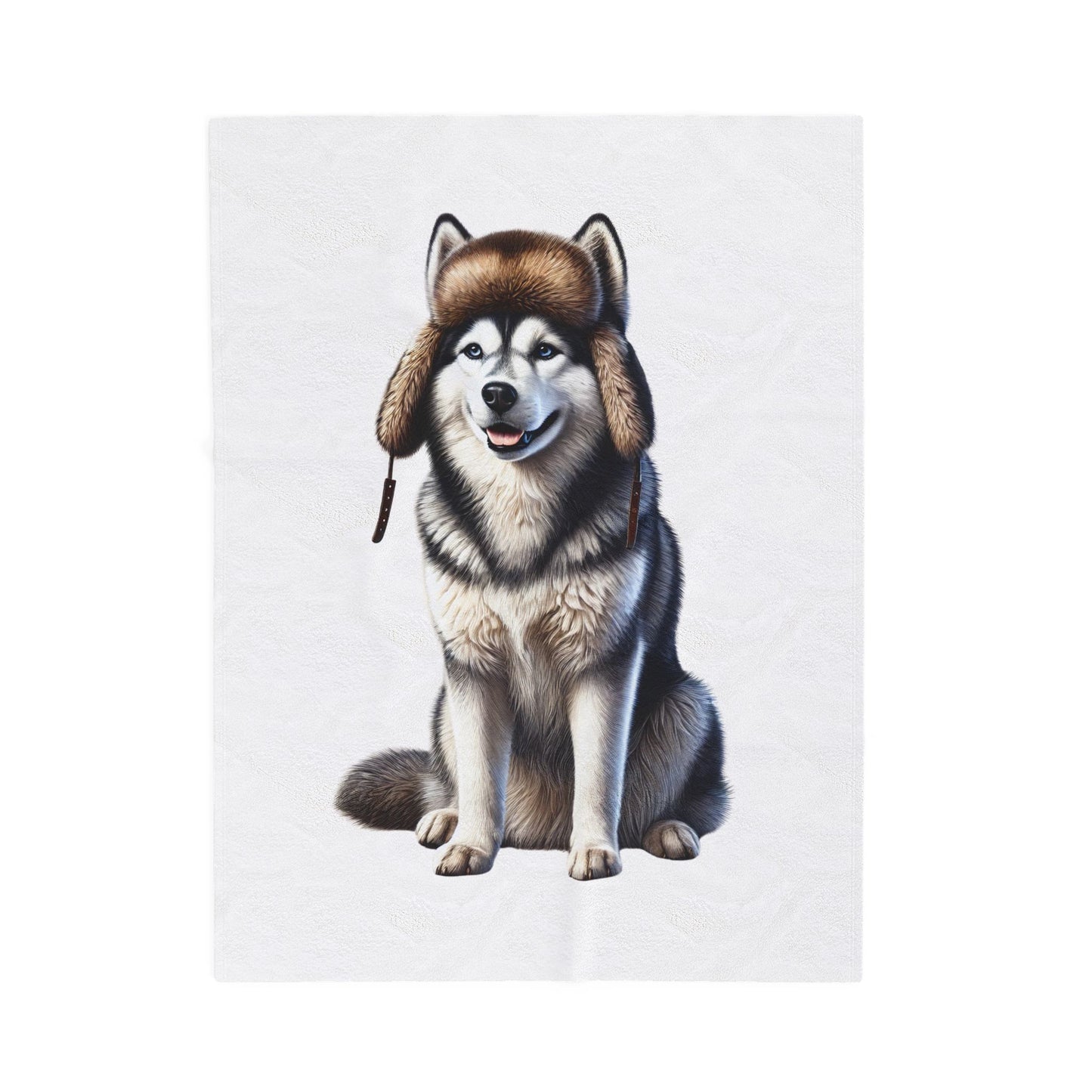 Husky Wearing a Fur Hunter Hat - Sherpa Blanket