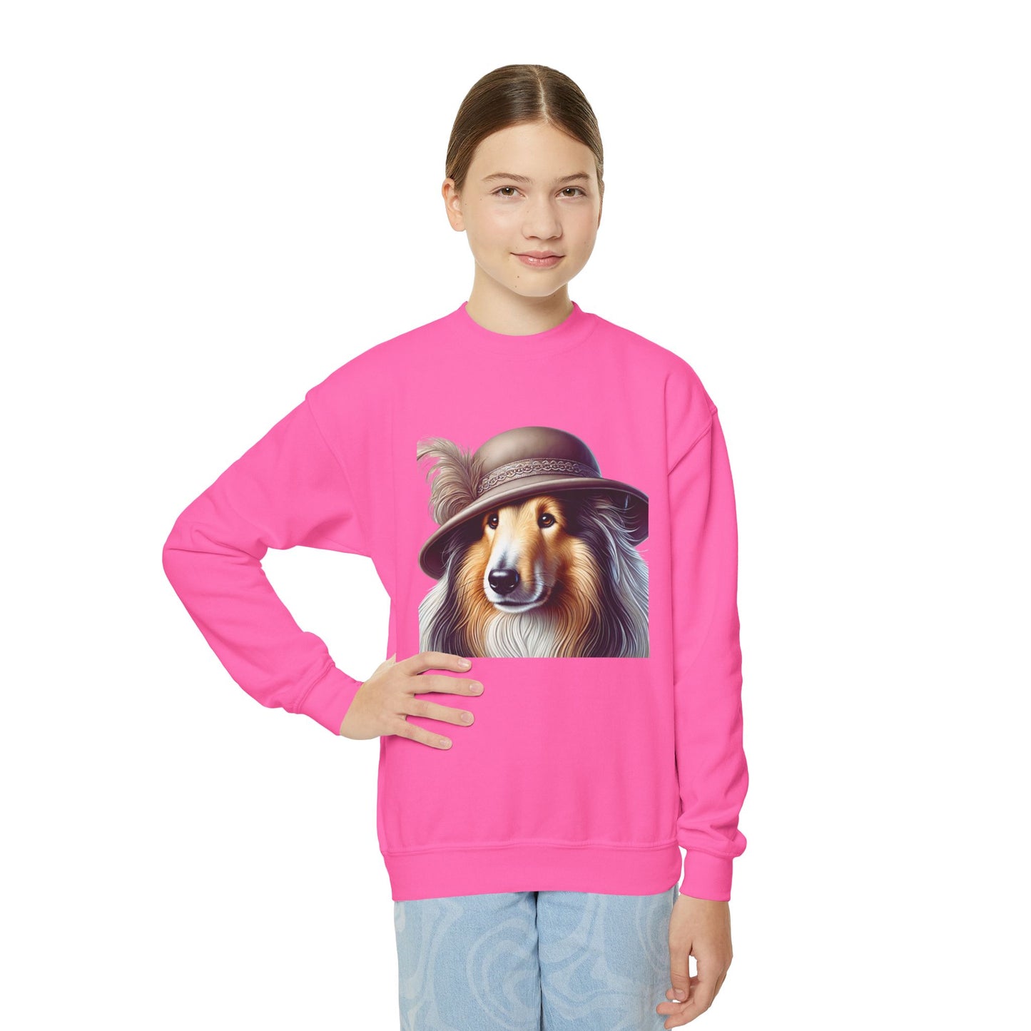 Collie In Cloche Hat- Youth Crewneck Sweatshirt - Too Cute Pets