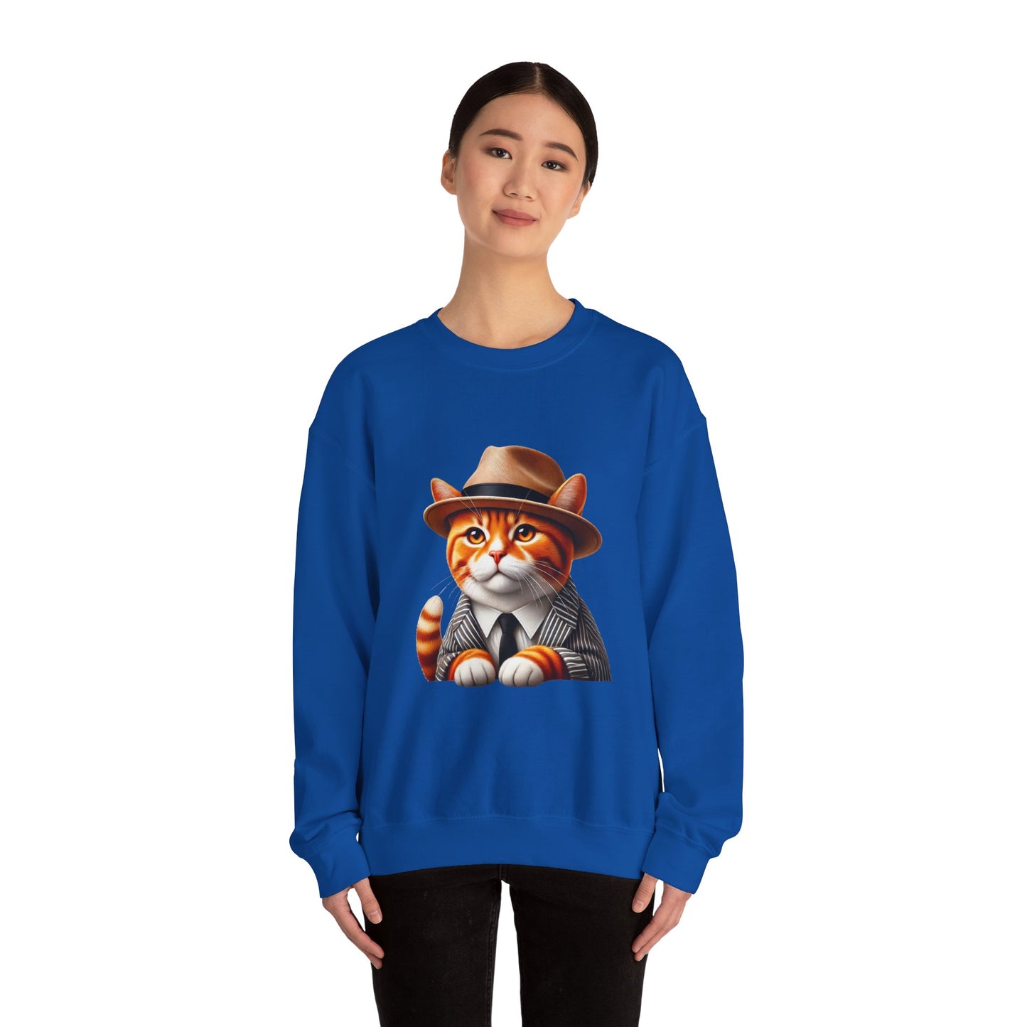 Tabby Cat Wearing A Fedora And Suit - Adult Crewneck Sweatshirt - Too Cute Pets