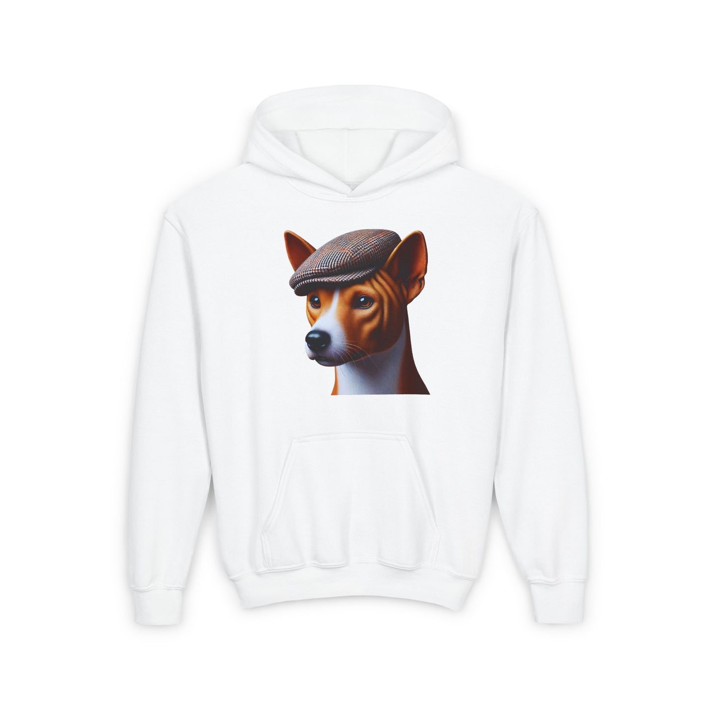 Basenji With Tweed Flat Cap - Hooded Youth Sweatshirt - Too Cute Pets