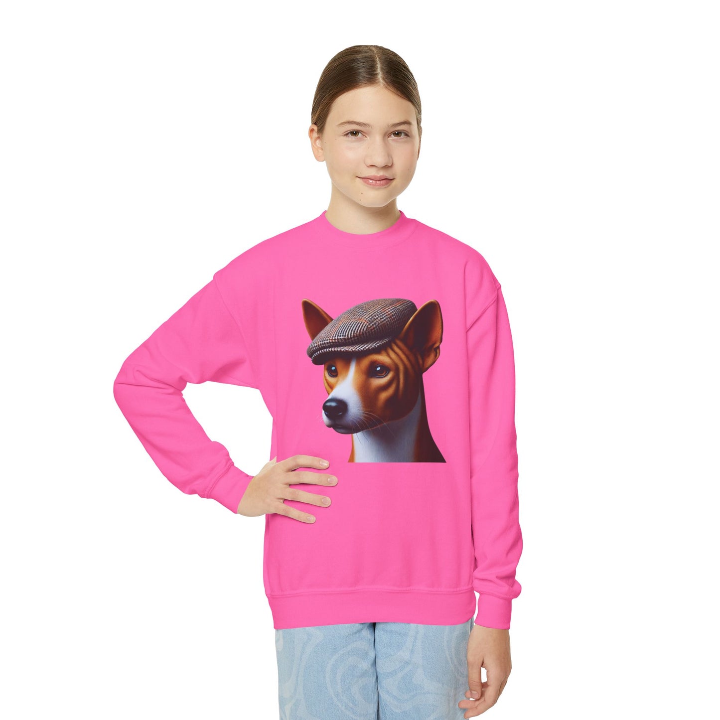 Basenji With Tweed Flat Cap - Youth Crewneck Sweatshirt - Too Cute Pets