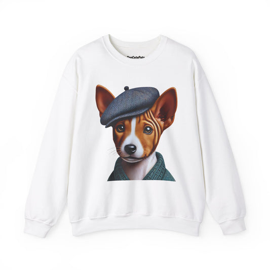 Cute Basenji Pup Wearing Tweed Flat Cap- Adult Crewneck Sweatshirt - Too Cute Pets