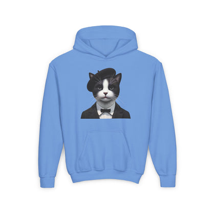 Tuxedo Cat Wearing A Tuxedo And A Beret-  Youth Hoodie - Too Cute Pets