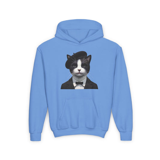 Tuxedo Cat Wearing A Tuxedo And A Beret-  Youth Hoodie - Too Cute Pets