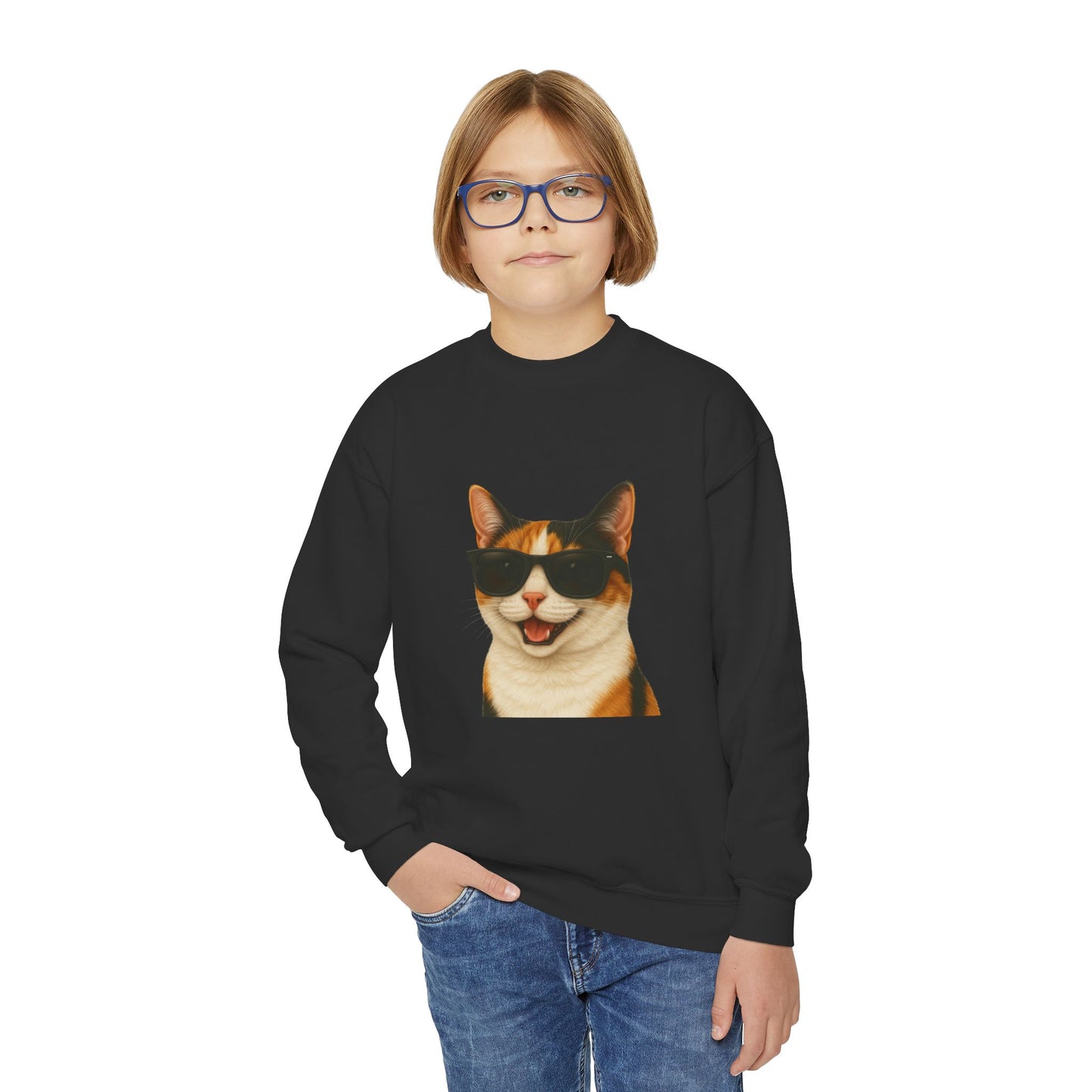 Calico Shorthair Cat Wearing Sunglasses - Youth Crewneck Sweatshirt