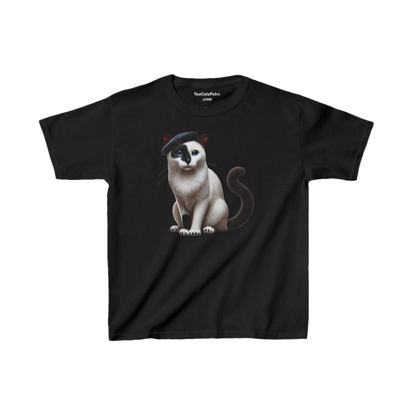 Black and White Cat Wearing Beret Youth T-Shirt  - Too Cute Pets