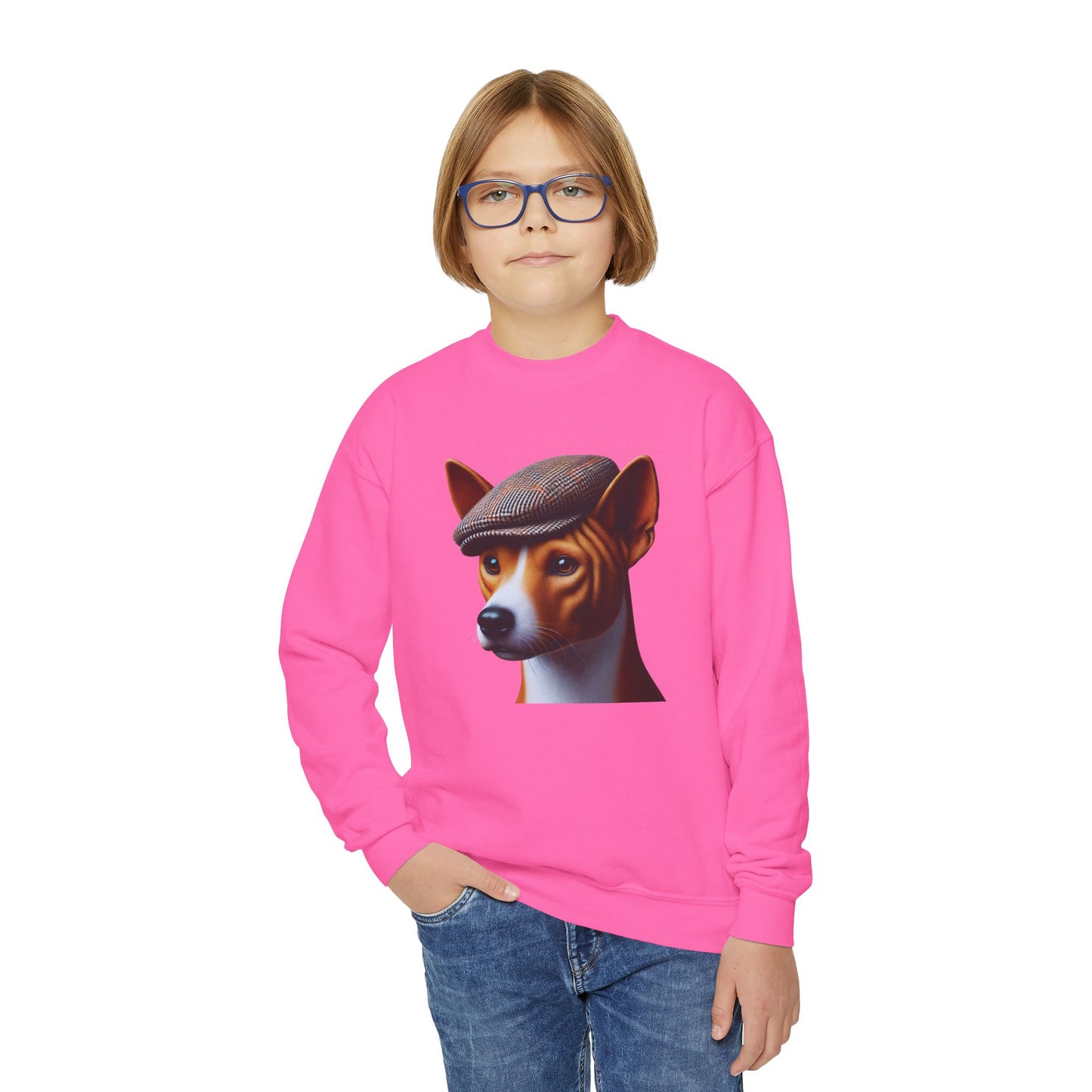 Basenji With Tweed Flat Cap - Youth Crewneck Sweatshirt - Too Cute Pets