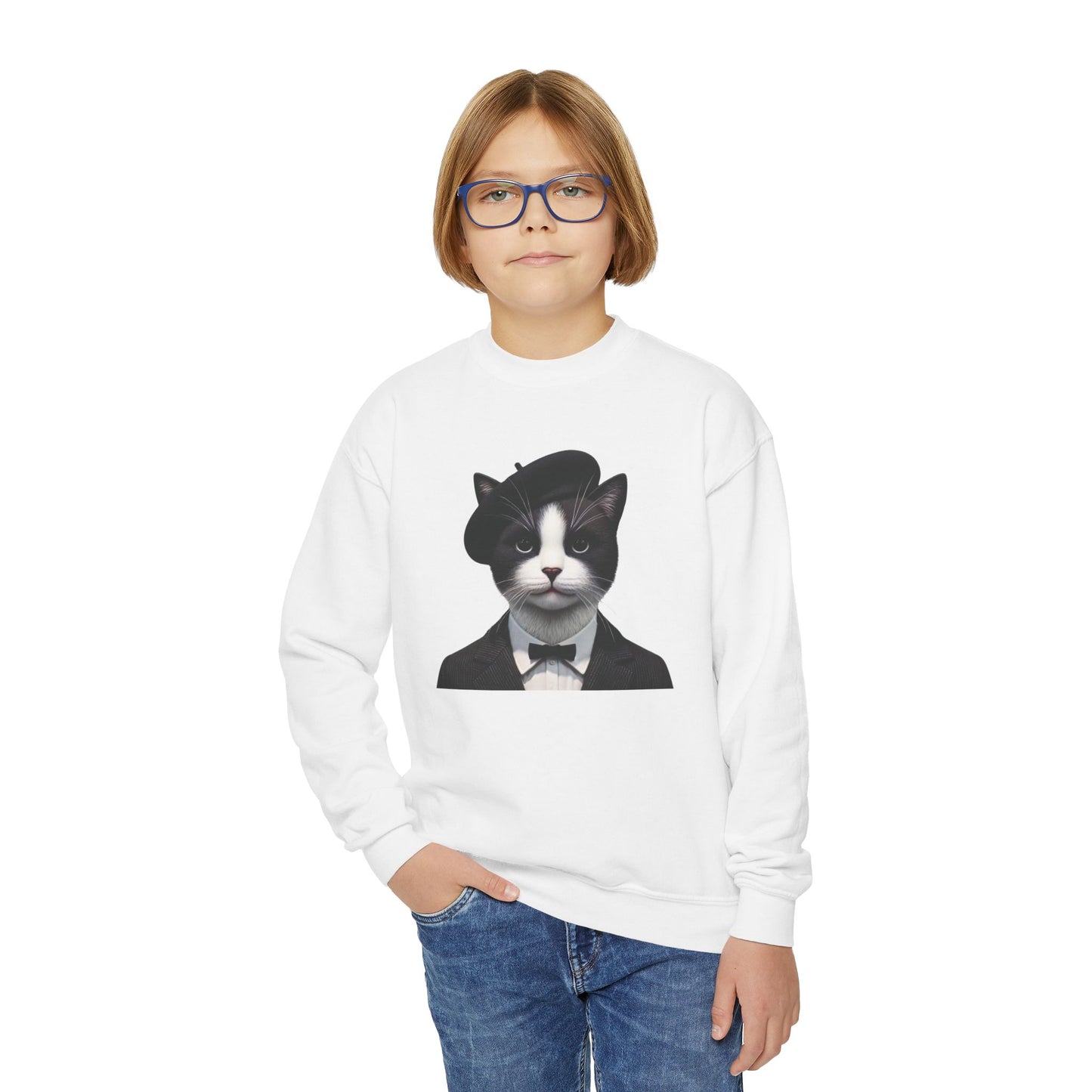 Tuxedo Cat Wearing A Tuxedo And A Beret - Youth Crewneck Sweatshirt - Too Cute Pets