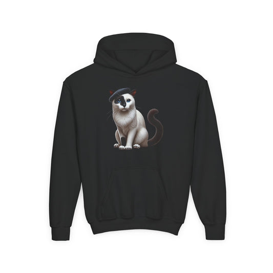 Black and White Cat Wearing A Beret-  Youth Hoodie
