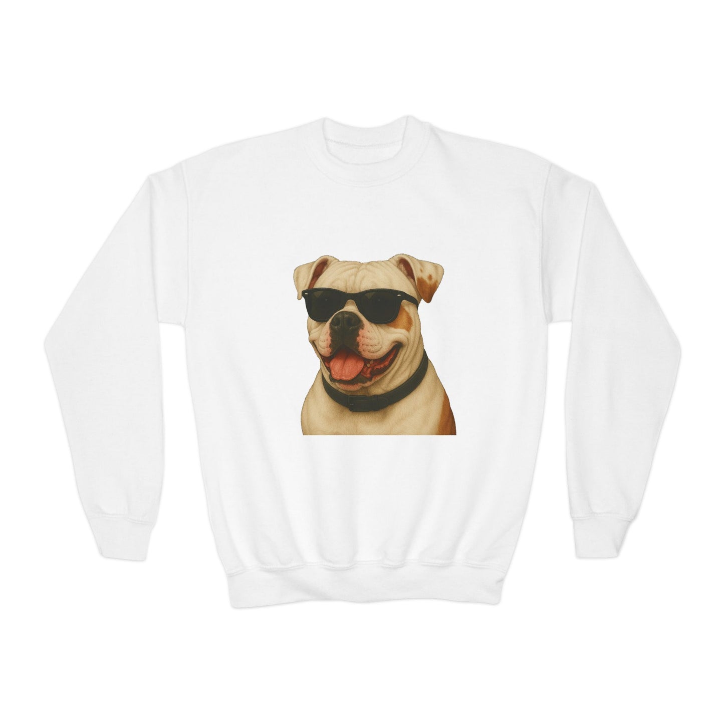 American Bulldog Portrait Youth Crewneck Sweatshirt with Sunglasses Design