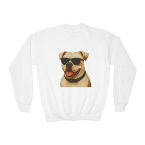 American Bulldog Portrait Youth Crewneck Sweatshirt with Sunglasses Design