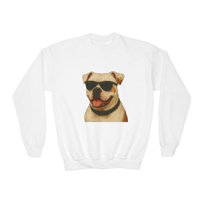 American Bulldog Portrait Youth Crewneck Sweatshirt with Sunglasses Design