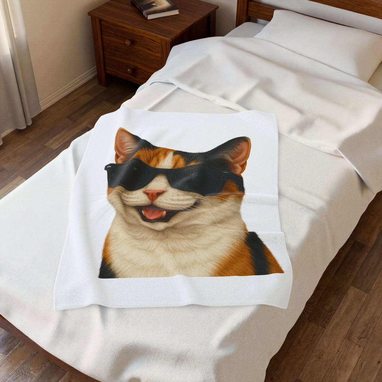 Calico Shorthair Cat Wearing Sunglasses - Sherpa Blanket