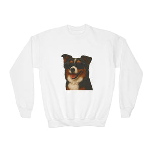 Australian Shepherd Dog Portrait Youth Crewneck Sweatshirt with Sunglasses Design