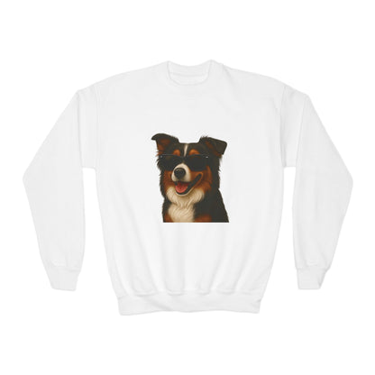 Australian Shepherd Dog Portrait Youth Crewneck Sweatshirt with Sunglasses Design