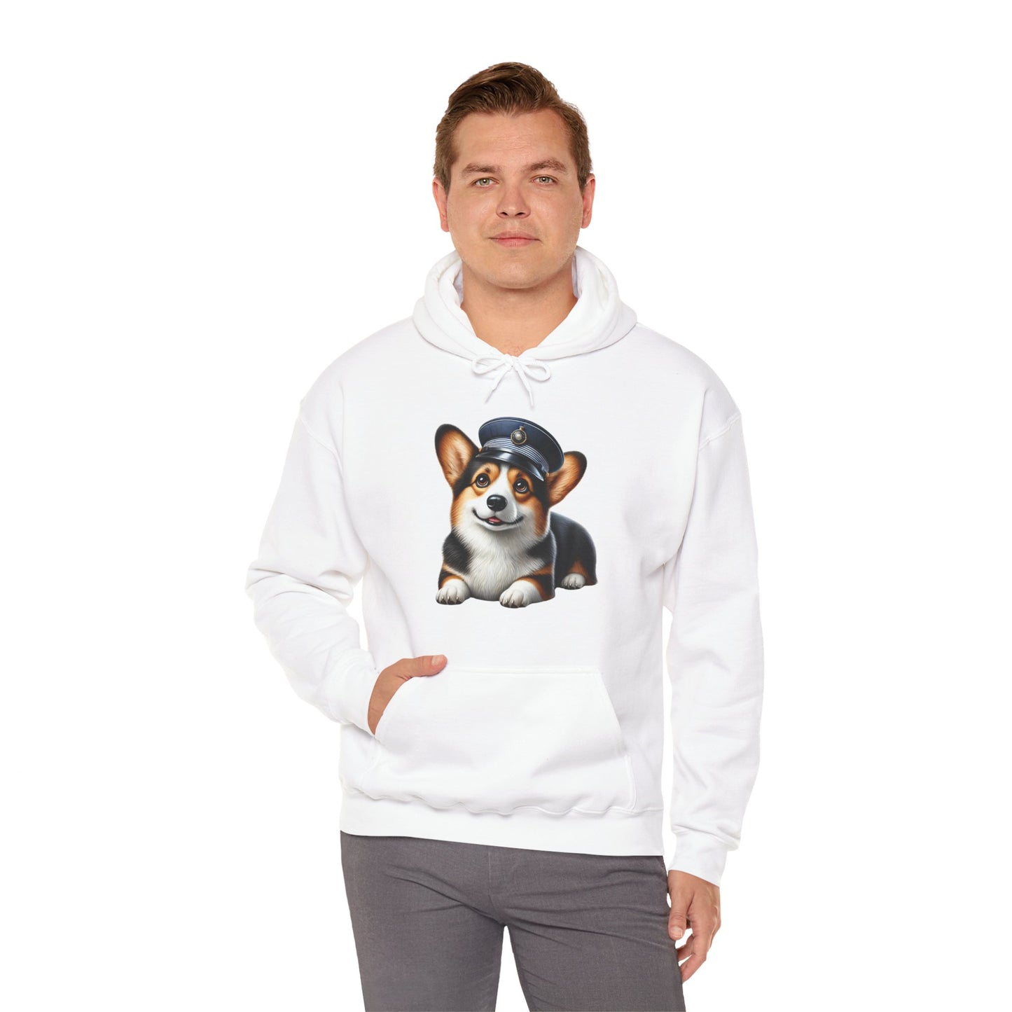 Cute Corgi Wearing A Train Conductors Hat - Adult Hoodie - Too Cute Pets