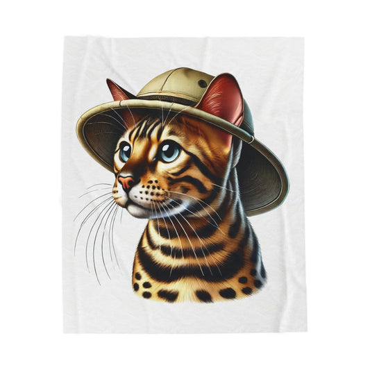Bengal Cat Wearing a Safari Hat - Sherpa Blanket