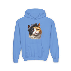 Calico Cat Wearing A Beret Youth Hoodie - Too Cute Pets