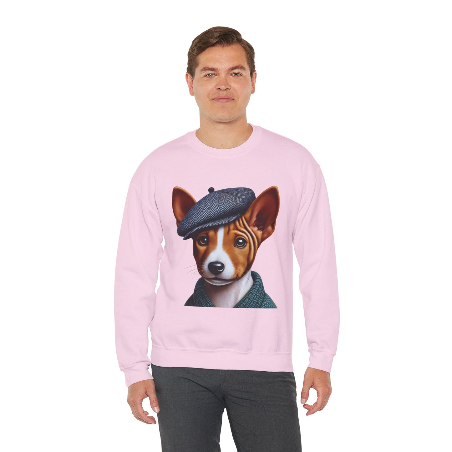 Cute Basenji Pup Wearing Tweed Flat Cap- Adult Crewneck Sweatshirt - Too Cute Pets