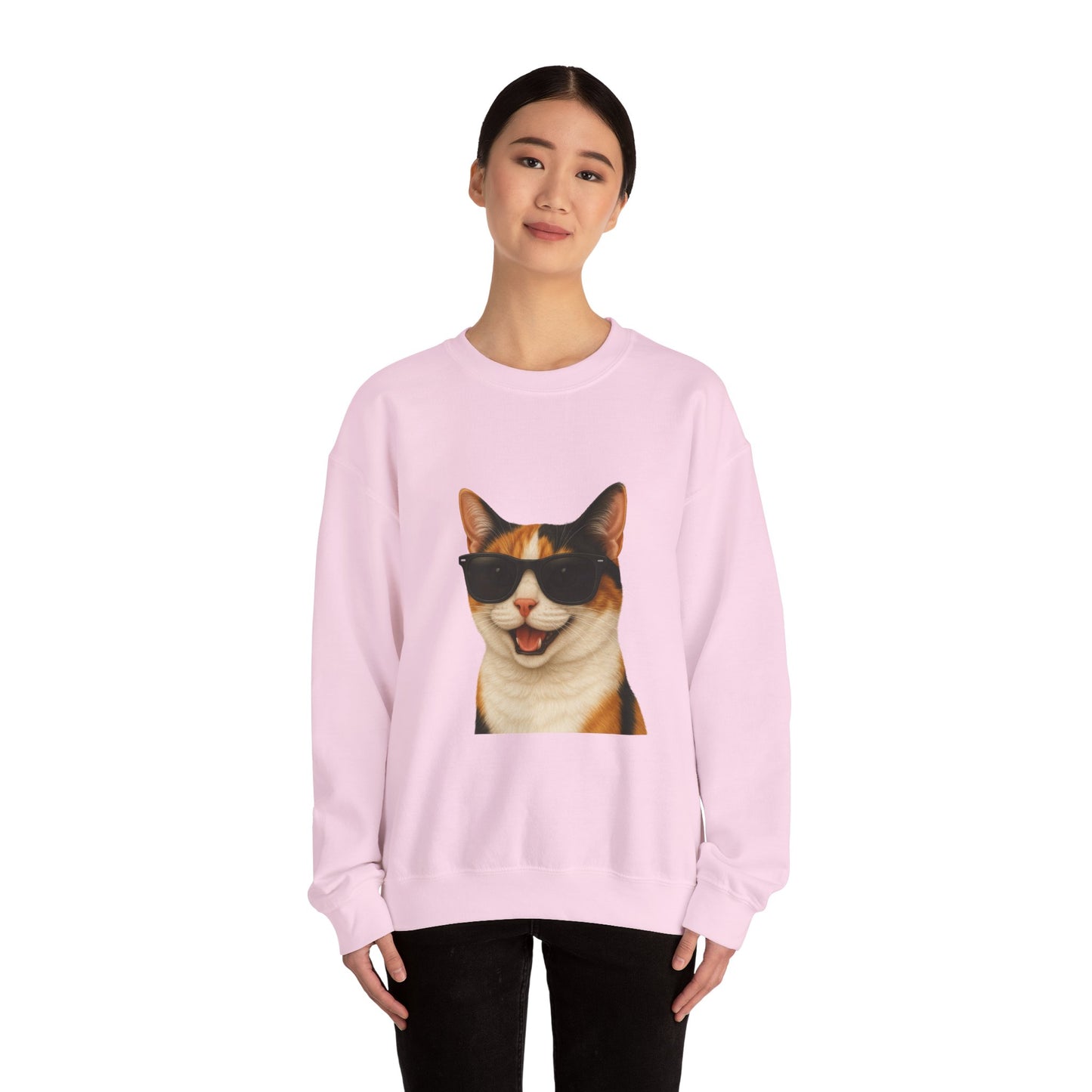 Calico Shorthair Cat Wearing Sunglasses - Adult Crewneck Sweatshirt