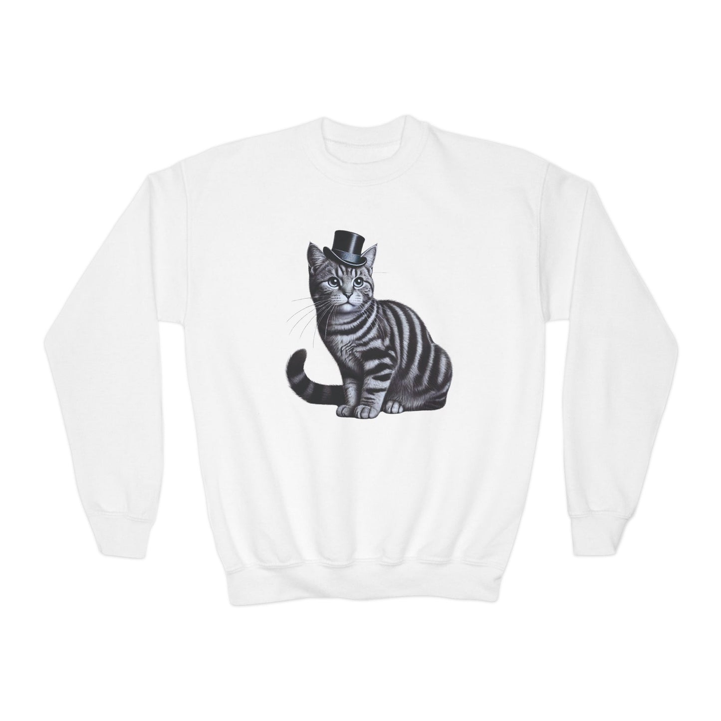 Tabby Wearing Top Hat Youth Sweatshirt (Black & White Image) - Too Cute Pets