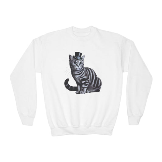 Tabby Wearing Top Hat Youth Sweatshirt (Black & White Image) - Too Cute Pets