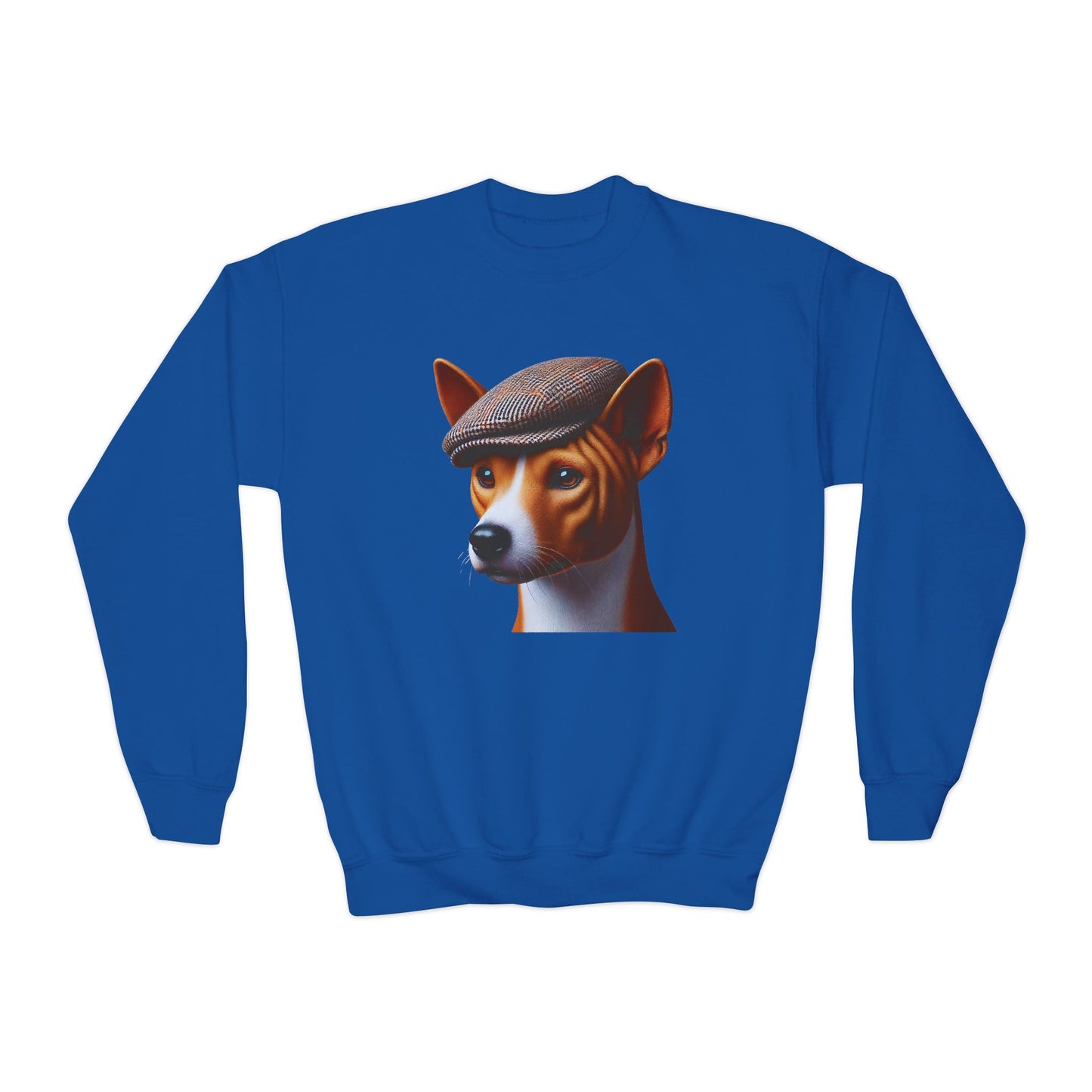 Basenji With Tweed Flat Cap - Youth Crewneck Sweatshirt - Too Cute Pets