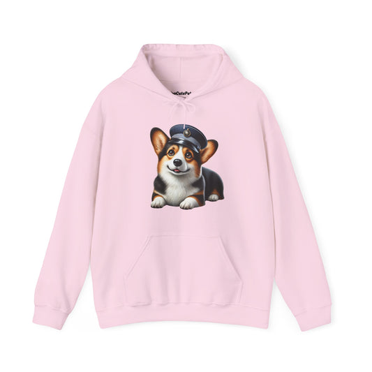 Cute Corgi Wearing A Train Conductors Hat - Adult Hoodie - Too Cute Pets