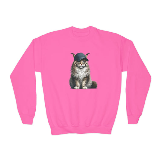 Maine Coon Wearing Baseball Cap - Youth Crewneck Sweatshirt - Too Cute Pets