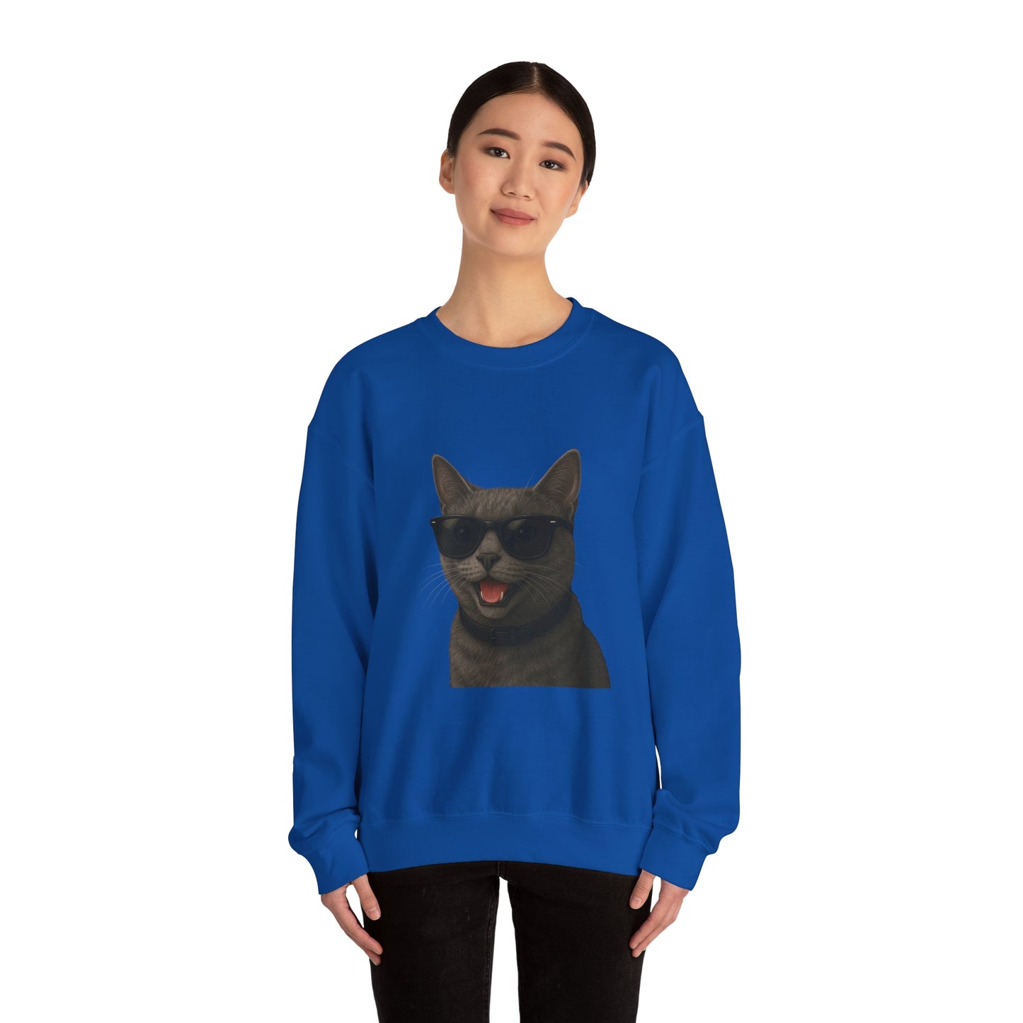 Gray Cat Wearing Sunglasses - Adult Crewneck Sweatshirt