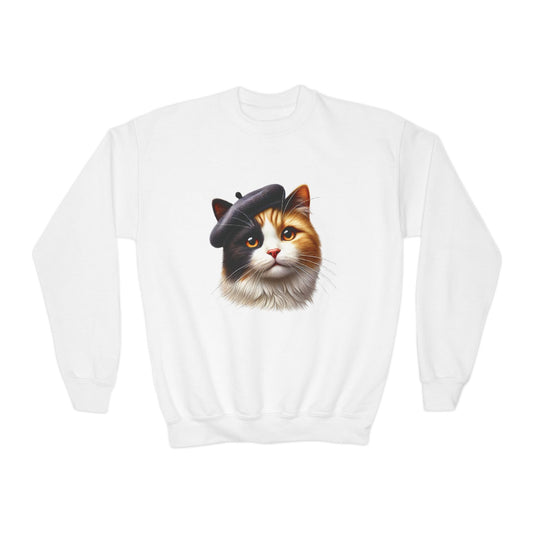 Calico Cat Wearing Beret Sweatshirt - Youth Crewneck Sweatshirt - Too Cute Pets