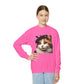 Calico Cat Wearing  a Heart Beret - Youth Crewneck Sweatshirt - Too Cute Pets