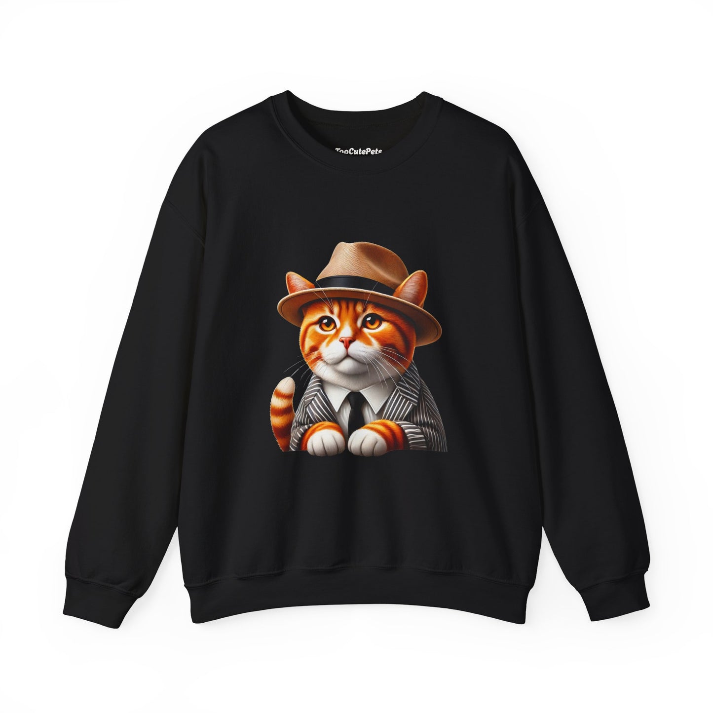 Tabby Cat Wearing A Fedora And Suit - Adult Crewneck Sweatshirt - Too Cute Pets