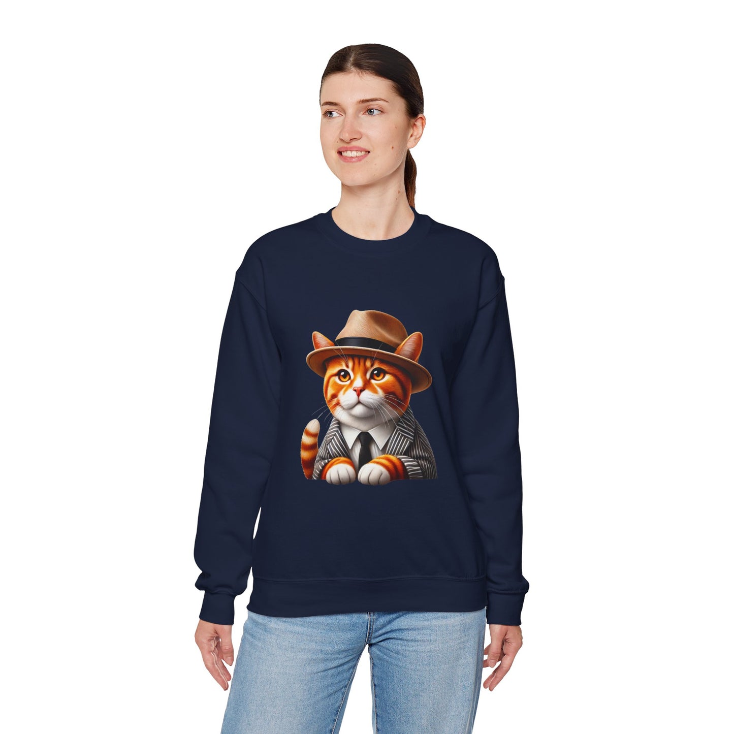 Tabby Cat Wearing A Fedora And Suit - Adult Crewneck Sweatshirt - Too Cute Pets