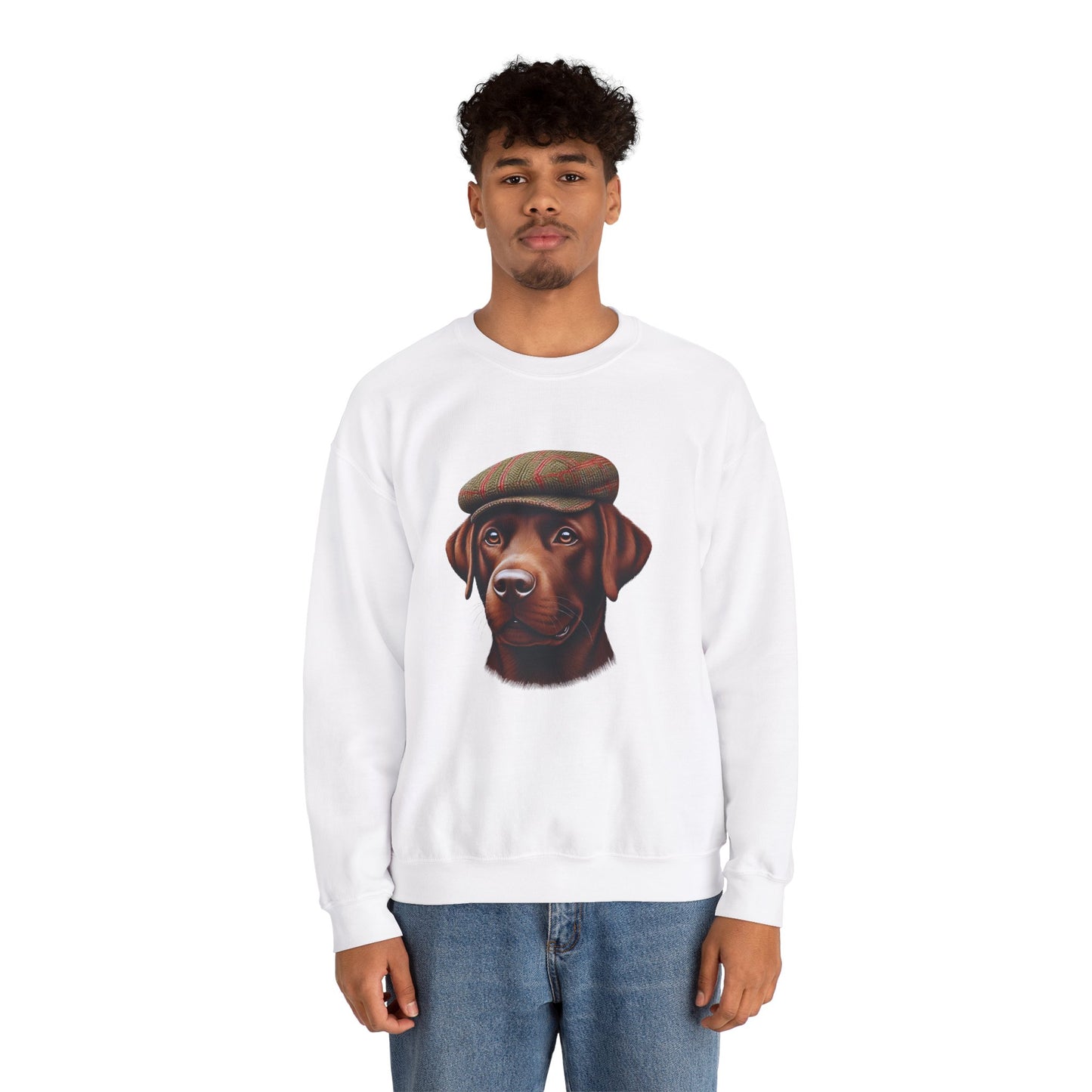 Brown Labrador Wearing Tweed Flat Cap- Adult Crewneck Sweatshirt - Too Cute Pets