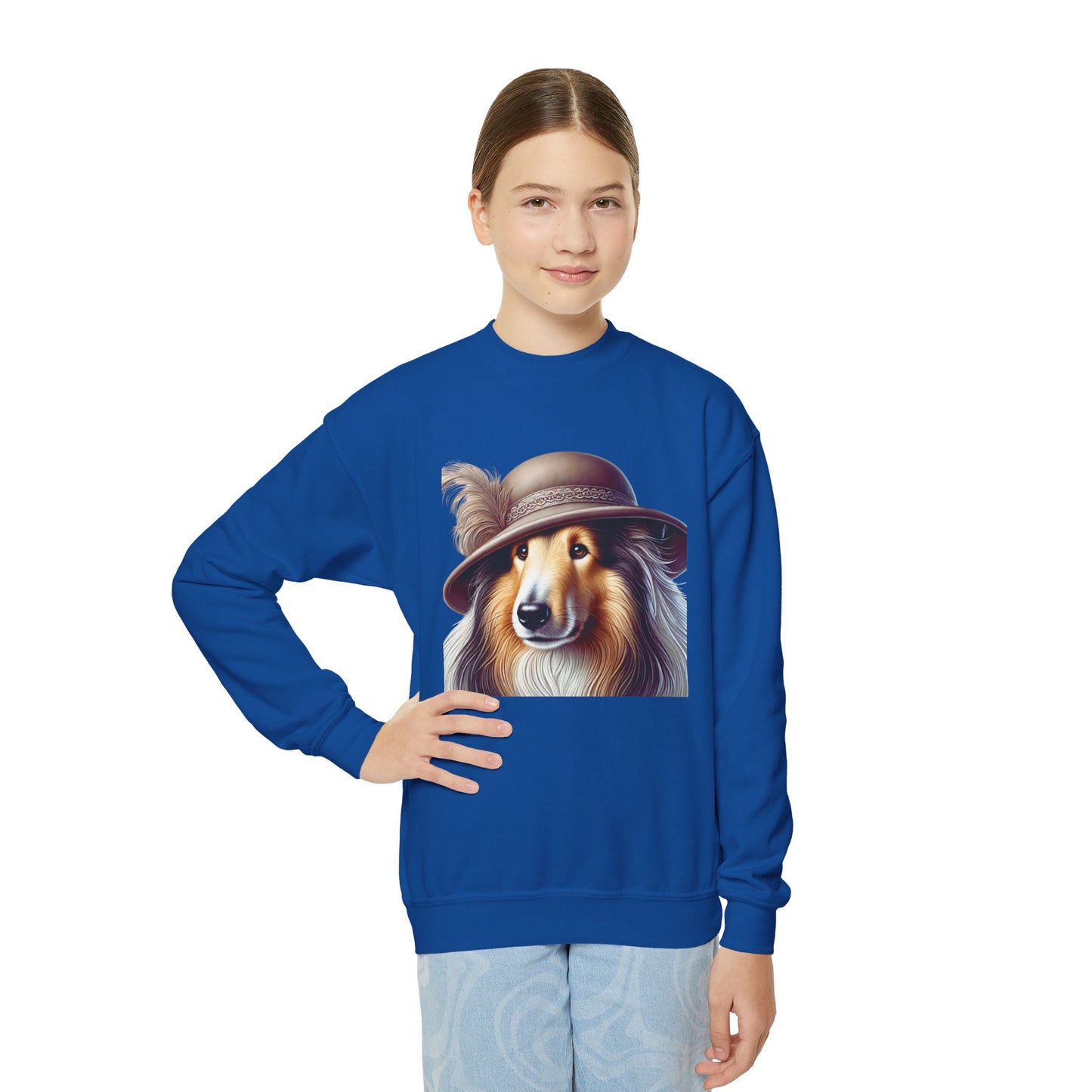 Collie In Cloche Hat- Youth Crewneck Sweatshirt - Too Cute Pets