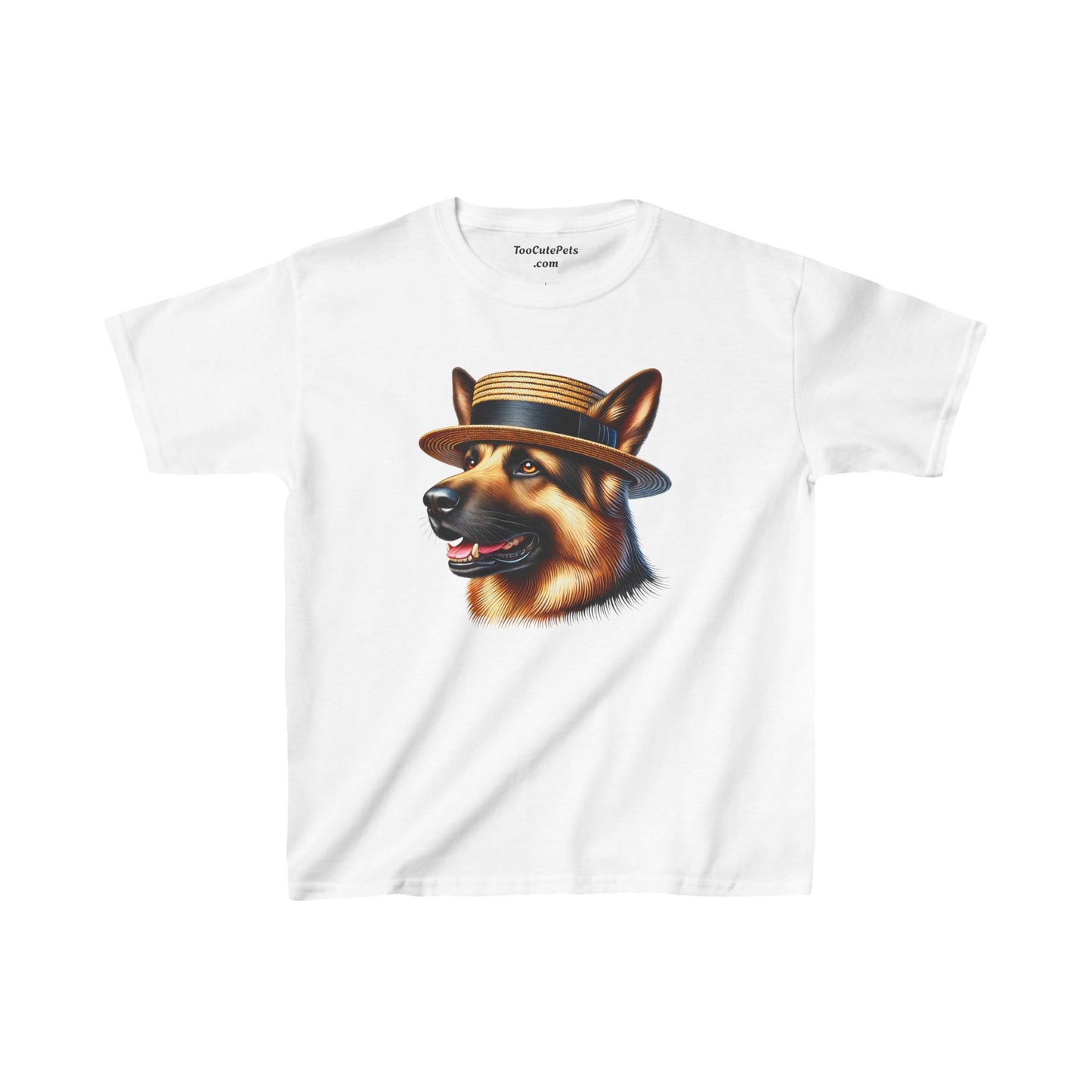 German Shepherd Wearing Boater Hat Youth T-Shirt - Too Cute Pets