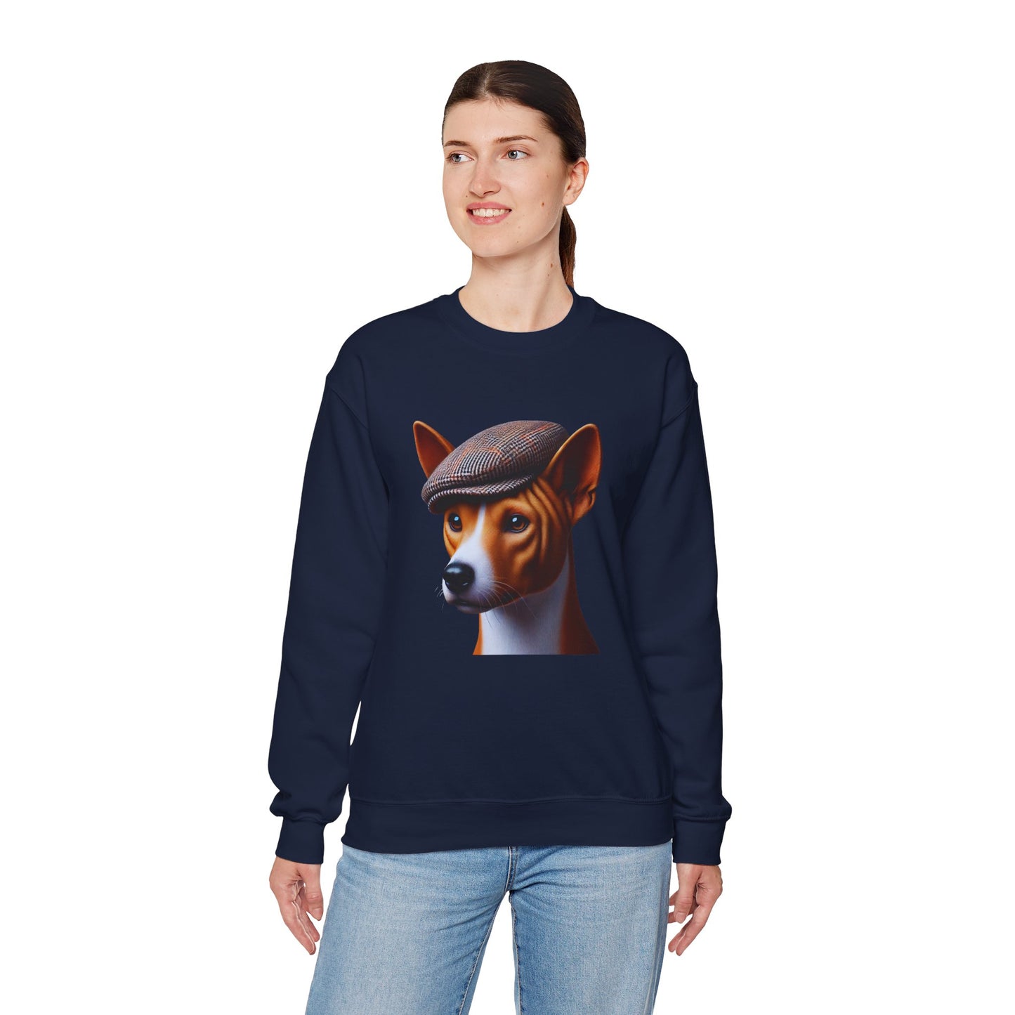 Basenji Wearing Tweed Flat Cap - Adult Crewneck Sweatshirt - Too Cute Pets