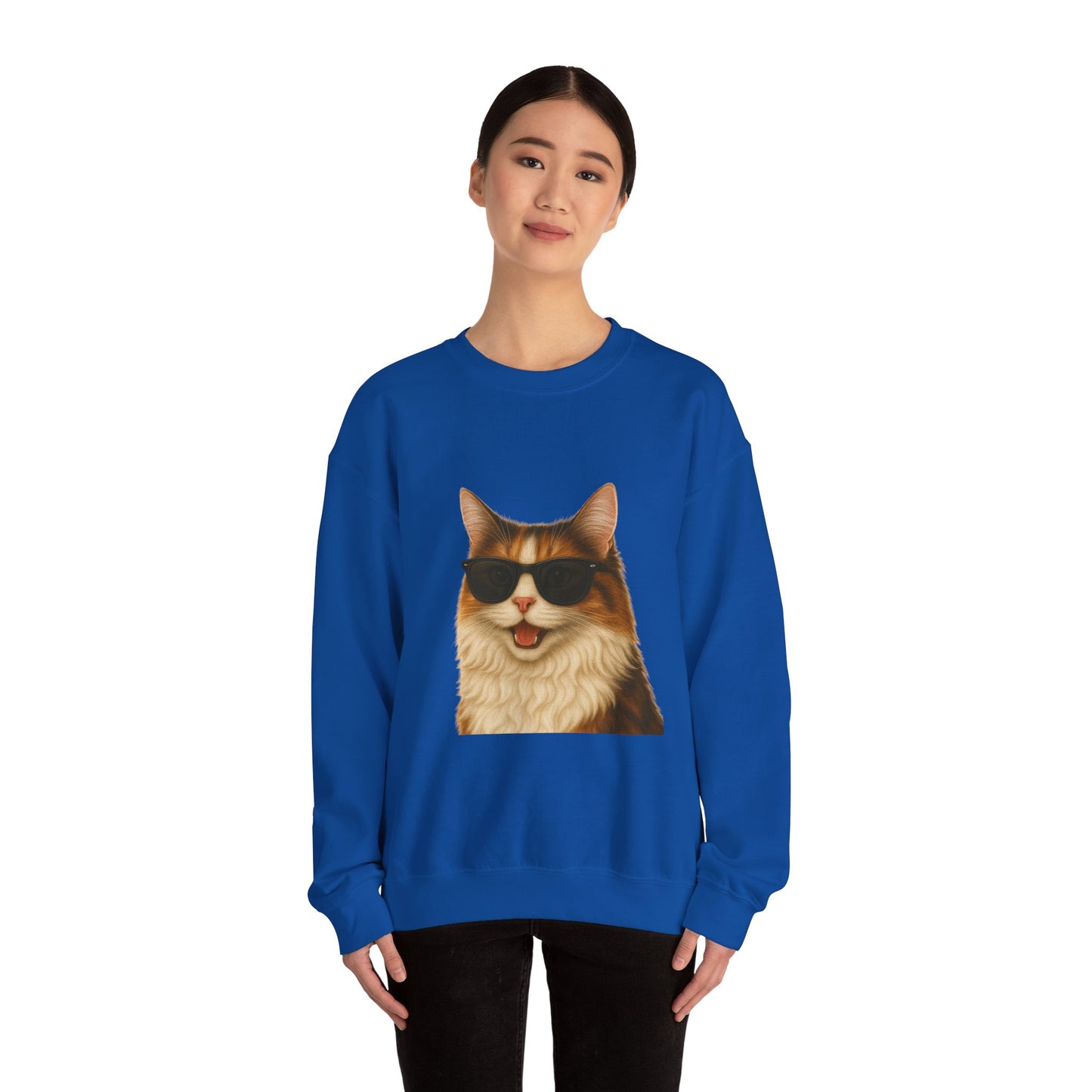 Calico Cat Wearing Sunglasses - Adult Crewneck Sweatshirt