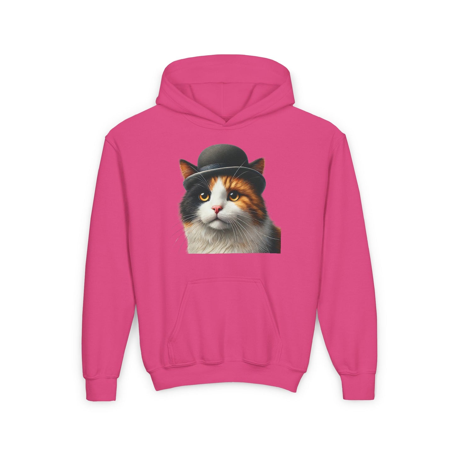 Calico Cat Wearing A Bowler Hat - Youth Hoodie - Too Cute Pets