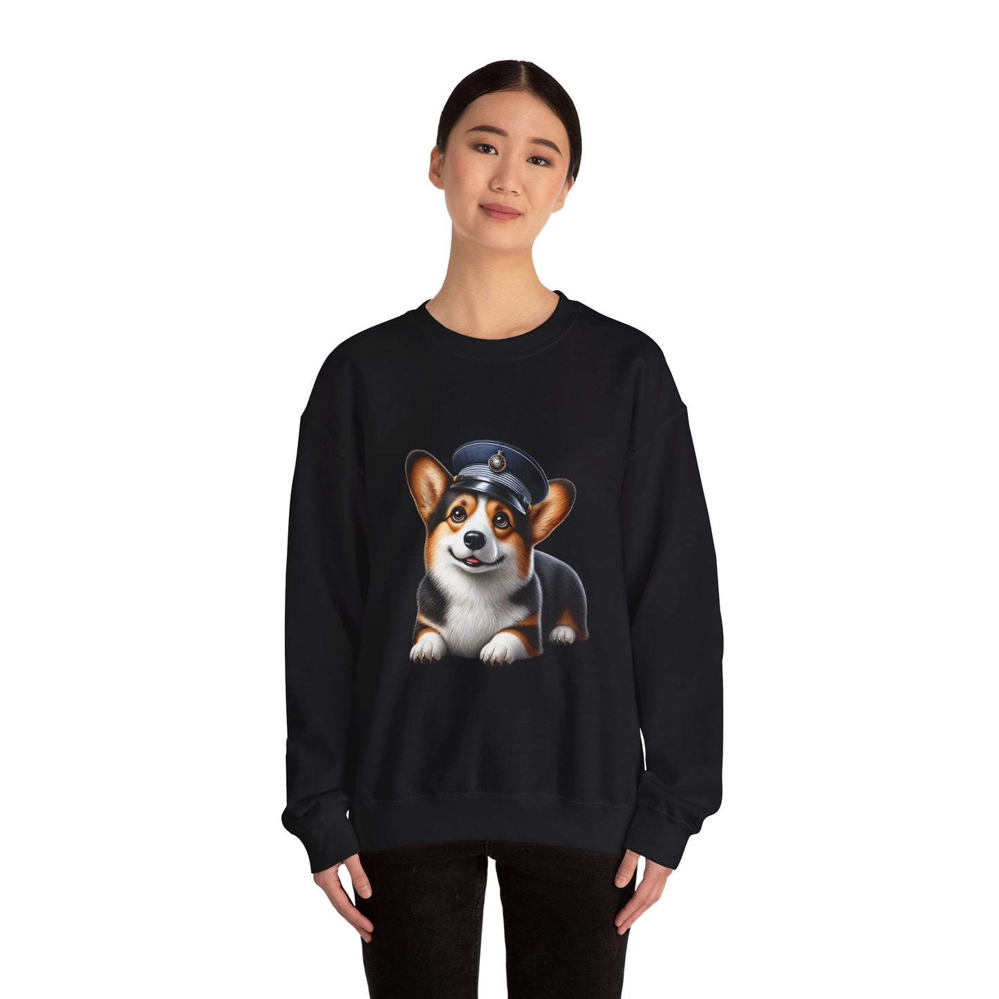 Cute Corgi Wearing A Train Conductors Hat- Adult Crewneck Sweatshirt - Too Cute Pets