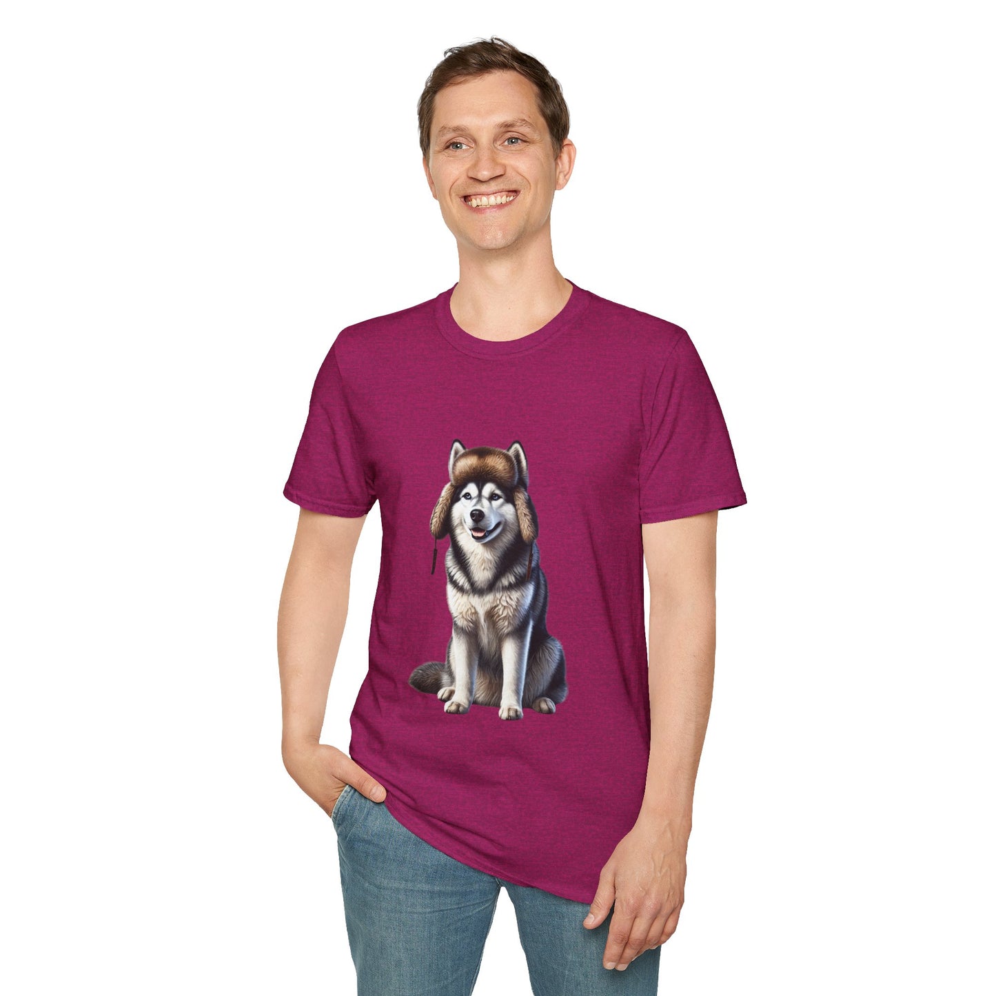 Husky Wearing A Fur Trappers hat- Adult T-Shirt - Too Cute Pets