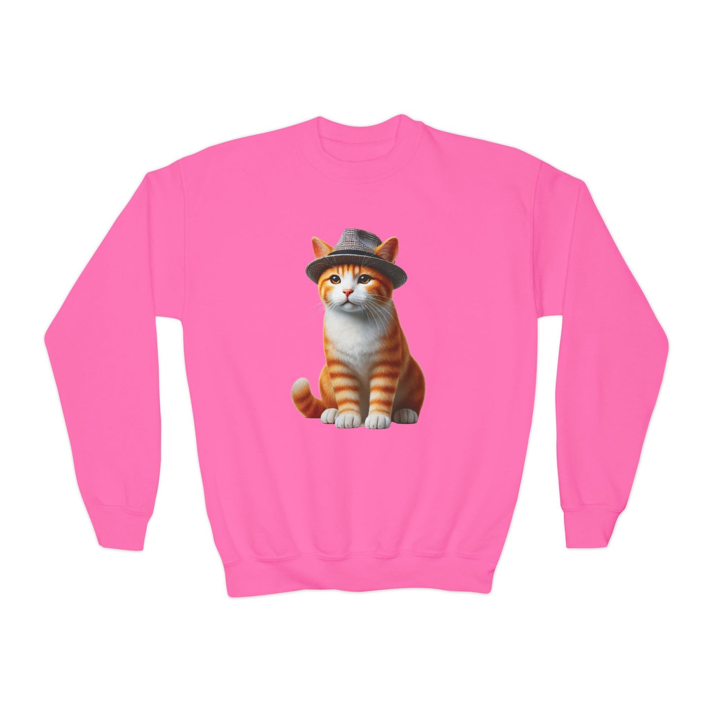 Tabby Kitten With Fedora Hat- Youth Crewneck Sweatshirt - Too Cute Pets