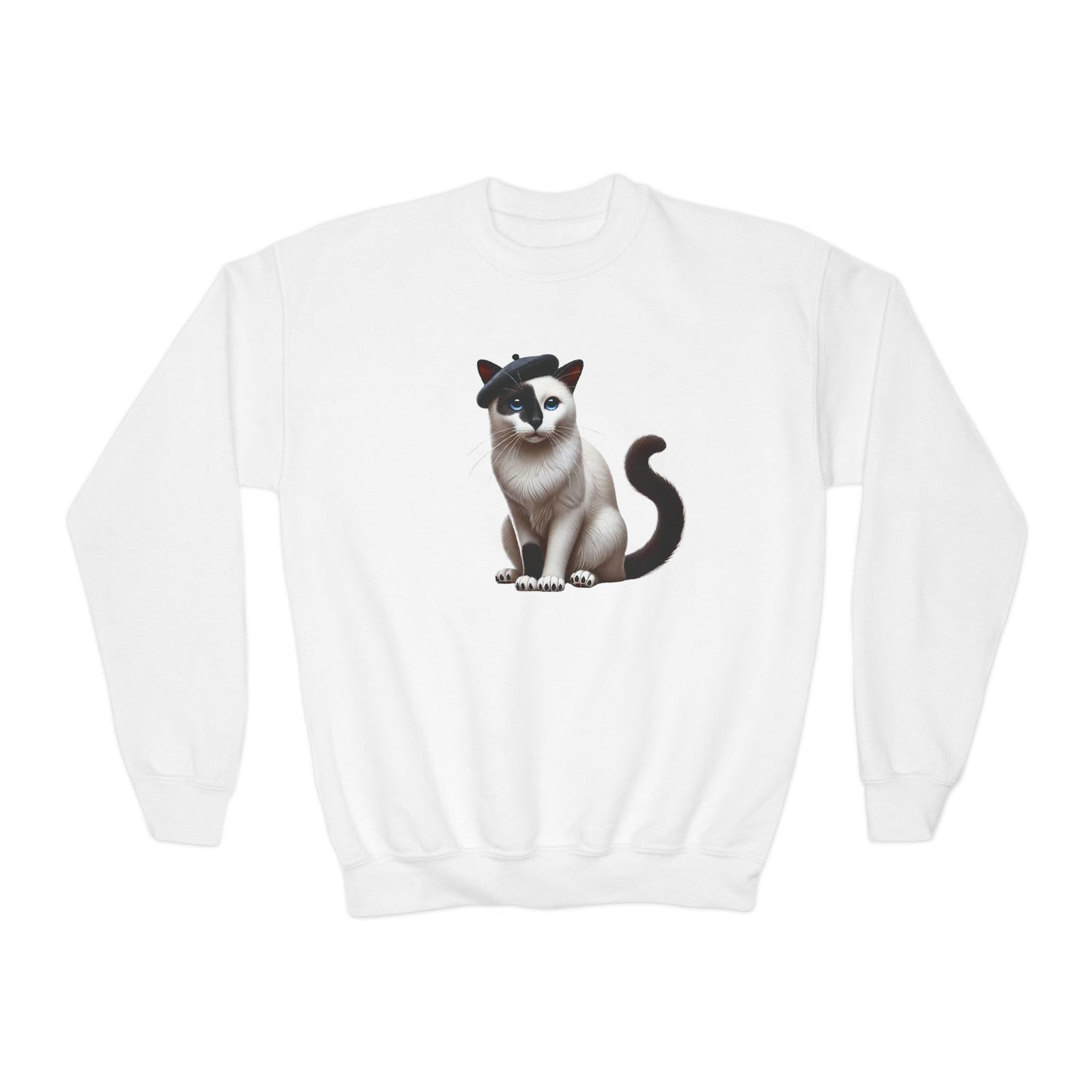 Black and White Cat Wearing A Beret - Youth Crewneck Sweatshirt - Too Cute Pets