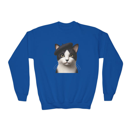 Tuxedo Cat Wearing A Beret - Youth Crewneck Sweatshirt - Too Cute Pets